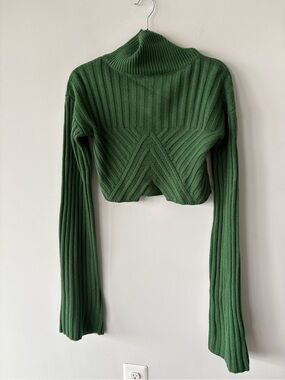 HANIFA Green Ribbed Cropped Turtleneck Sweater Flare Sleeve XS